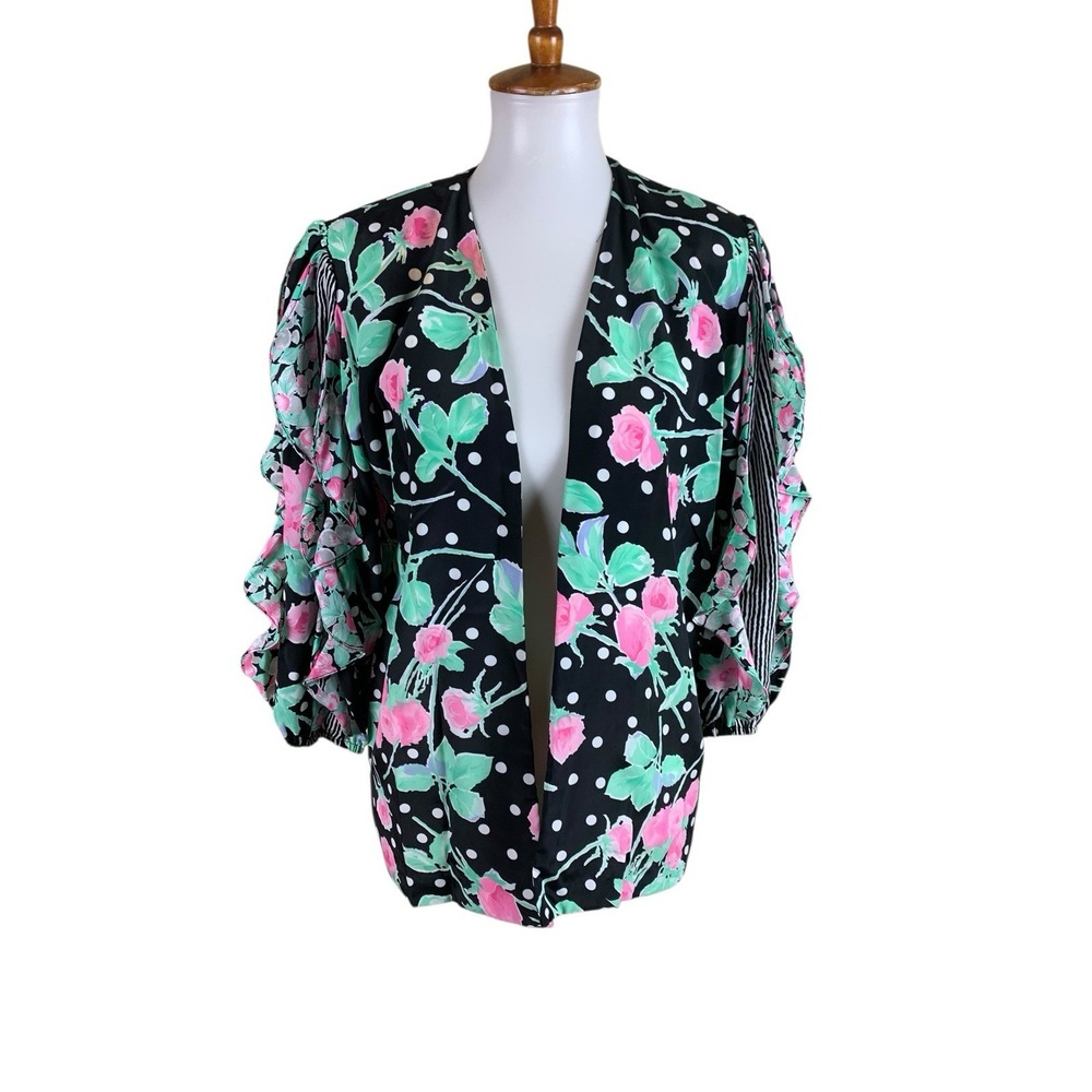 Mosaic USA Couture Floral Polka Dot Ruffle Sleeve Open Front Jacket Medium